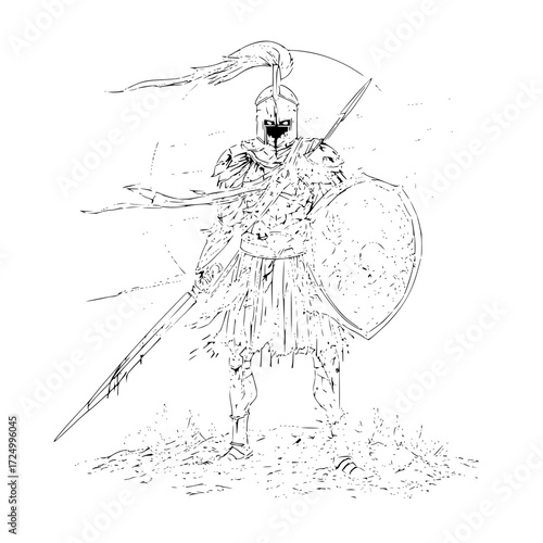Illustration of a spartan warrior with helmet, shield, and spear in black and white line art style