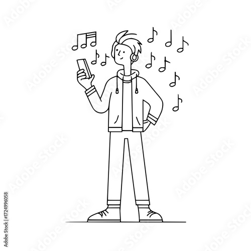 A person with headphones listening to music on a phone surrounded by musical notes in a line art style