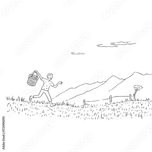A sketch of a man running across a field with a bucket towards distant mountains and a fence line