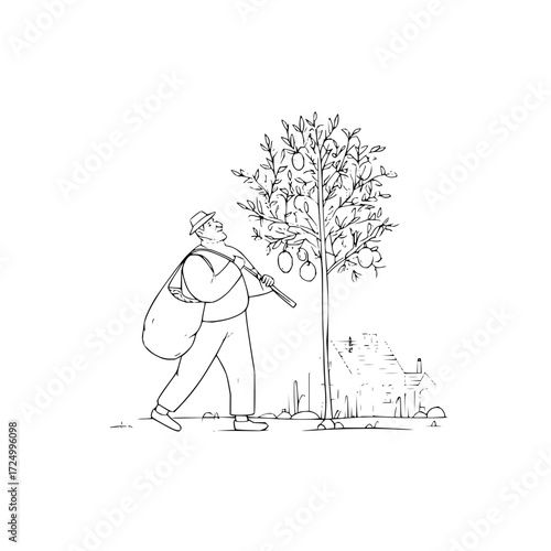 A man with a hat and a bag picking fruits from a tree near a house in a black and white drawing style