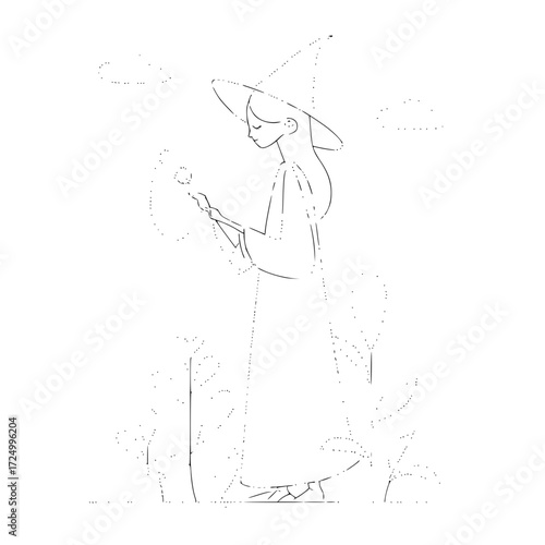 A simple line drawing of a witch in a hat holding a flower in a field with clouds in the background