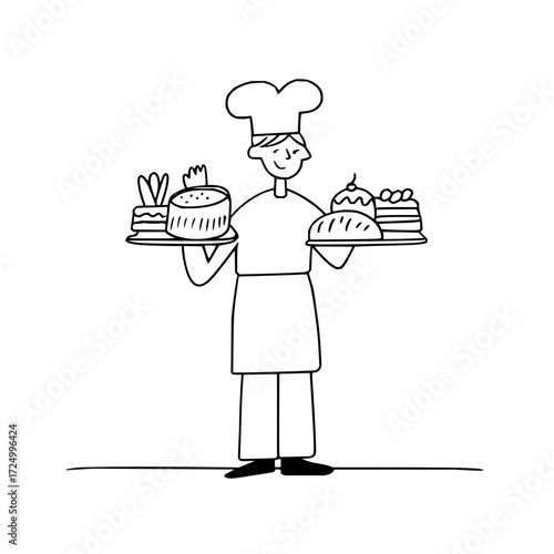 Baker holding trays of cakes and pastries in a simple black and white line drawing illustration style