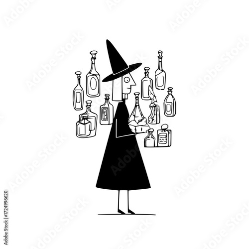 A witch in a black dress and hat surrounded by various bottles and containers in a simple line drawing