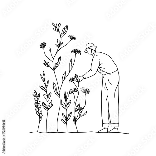 A person wearing a hat tending to a garden with tall flowering plants in a simple line drawing style