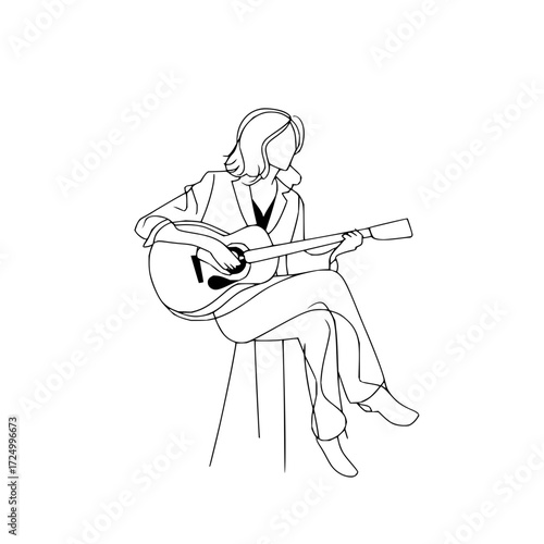 Woman in a suit playing an acoustic guitar while sitting on a stool in a minimalist line drawing style