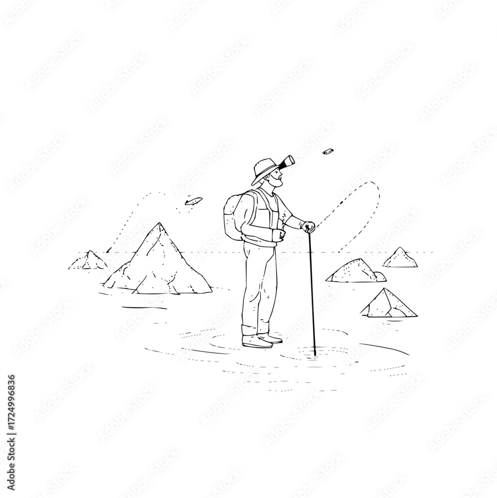 Naklejka premium A man with a hat and backpack standing among rocks with a stick in a sketched black and white scene