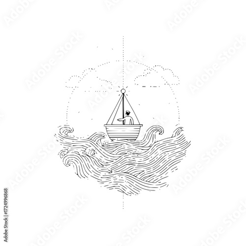 Illustration of a person in a boat on wavy water with clouds and a light above the sail depicted in lines