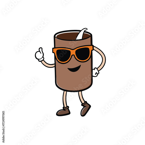 Cartoon coffee cup character with sunglasses giving thumbs up