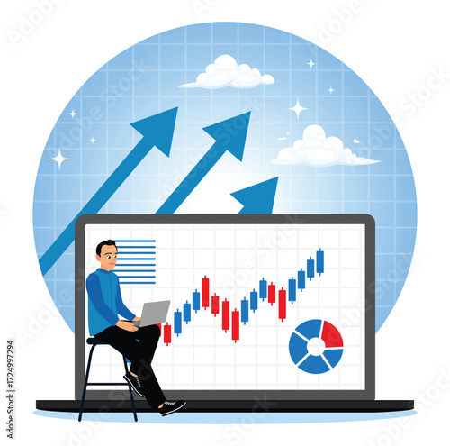 Businessman analyzing stock trading with growing graph.
