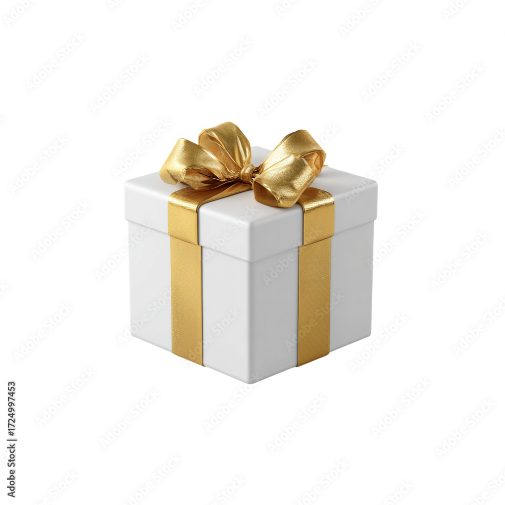 Obraz premium Elegant white gift box tied with a stunning golden ribbon, a perfect present for birthdays, anniversaries, and celebrating special occasions, adding a touch of luxury and joy