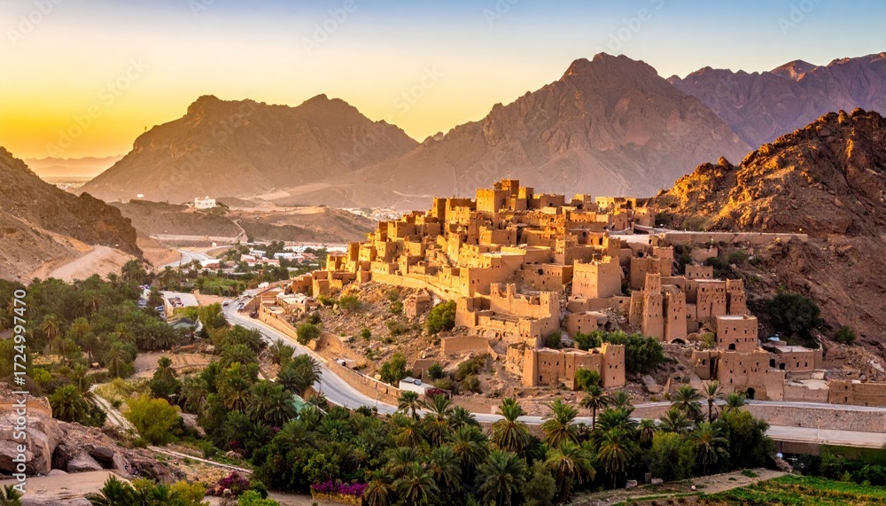 Obraz premium Ancient City nestled in Mountain Valley at Sunrise.