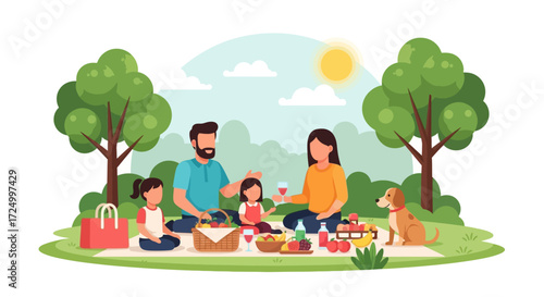 A family enjoys a picnic in a park on a sunny day, with food and a dog.