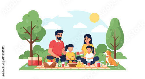 A family enjoying a picnic in a park on a sunny day.