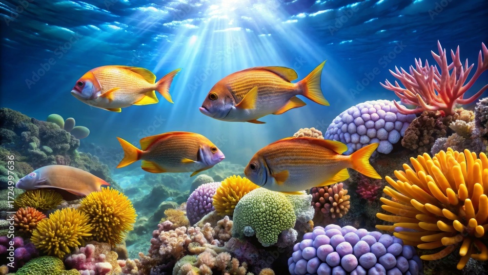 Naklejka premium Sunlit Ocean Depths Vibrant Reef Ecosystem with Colorful Fish and Coral