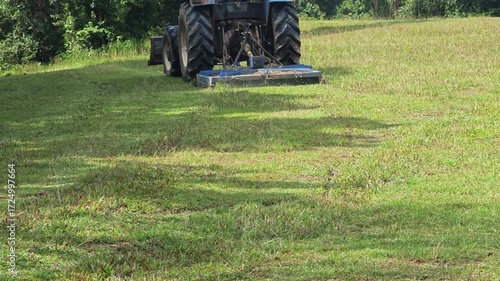 Tractor cutting grass on field.
