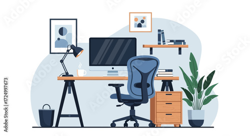 Illustration of a home office setup with a desk, chair, computer, lamp, and various decorative items.