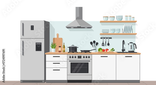 Modern white kitchen interior with stainless steel appliances and wooden shelves.