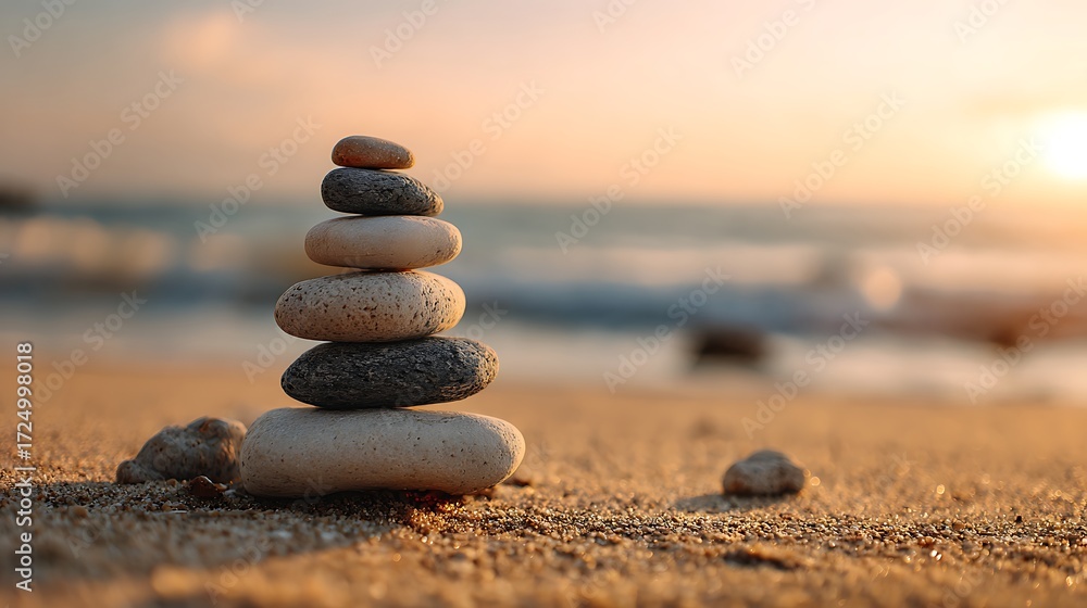 Fototapeta premium Minimalist Balanced Sea Stones on Sandy Beach