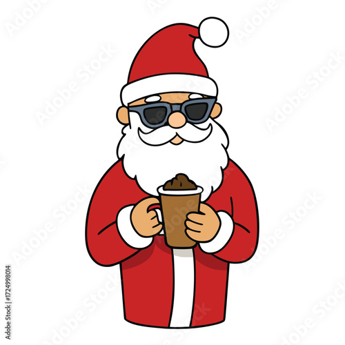 Santa Claus wearing sunglasses holding a cup of coffee