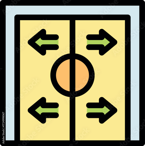 Elevator doors closing, with arrows indicating the movement direction