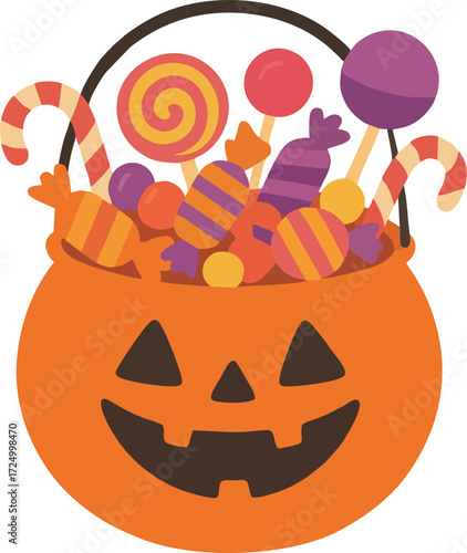 Halloween pumpkin basket full of candies and sweets on transparent background