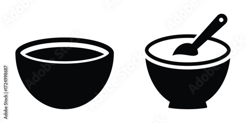 Vector set of empty and filled bowl icon. Clean silhouette of kitchen bowls for digital menu cards or posters.