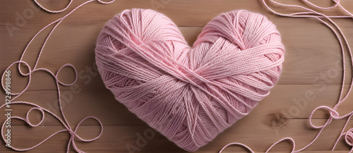 Pink yarn heart on wooden floor. Pink wool heart shape. Cozy love symbol with pink knitting yarn. Pink thread heart on rustic wood background. Romantic handmade yarn heart decoration.
