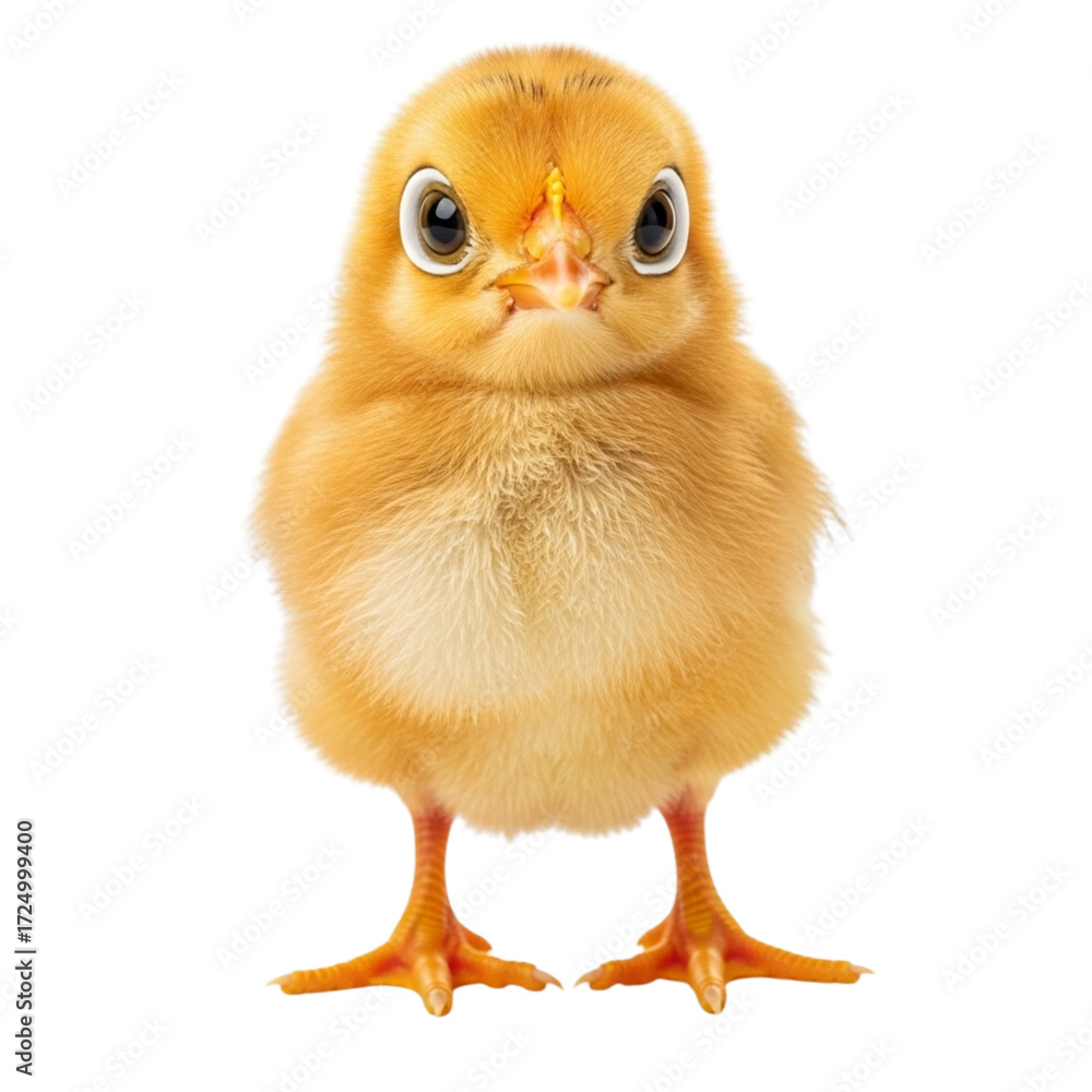 Obraz premium Adorable fluffy yellow chick with big curious eyes on a white background