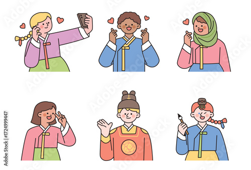 Diverse people in colorful hanbok make heart gestures, selfies, and greetings while celebrating Korean traditional culture.