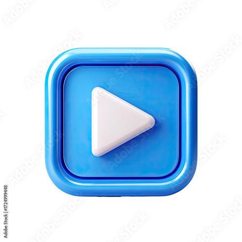 Glossy blue square button featuring a raised white play symbol; 3D rendered