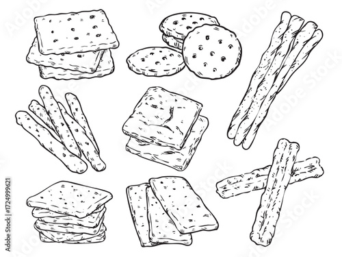 Set of various hand drawn  crackers, biscuits and bread sticks outline drawing illustration.
