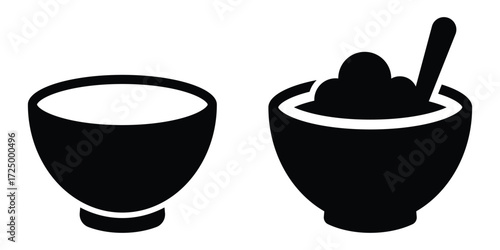 Bowl icon vector template illustration design. Minimal black silhouette of empty and full dining bowl for kitchen or restaurant designs.