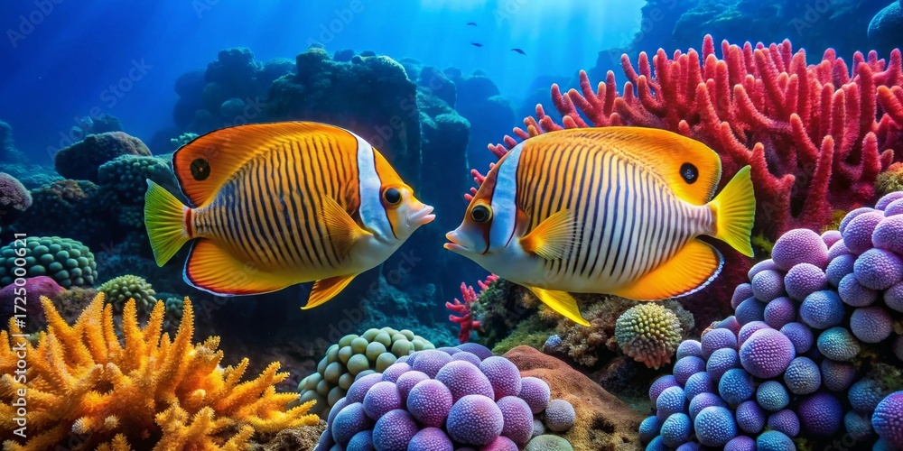 Fototapeta premium Vibrant Reef Inhabitants A Pair of Ornate Butterflyfish Engage in an Underwater Encounter Amidst a Tapestry of Colorful Corals