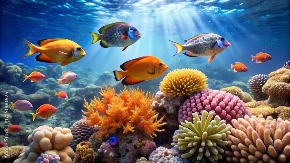 Obraz premium Vibrant Reef Ecosystem Sunlit Underwater Scene with Diverse Coral and Colorful Fish