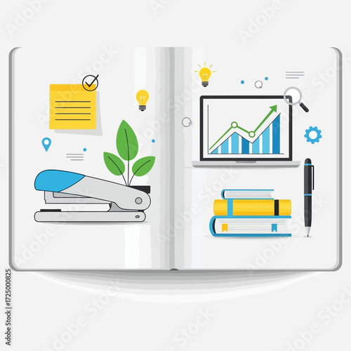 Creative business infographic showing project management, data analysis, and office workflow on an open notebook