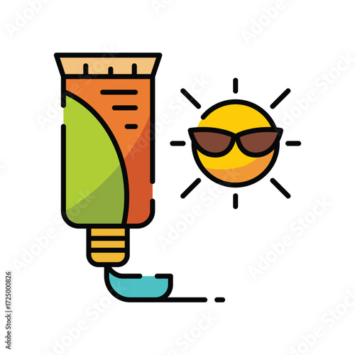 Sunscreen tube and sun with sunglasses