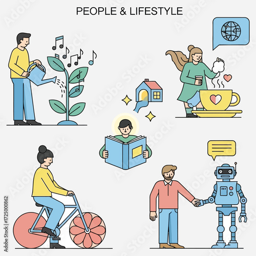 People engaging in various activities, including gardening, reading, cycling, and interacting with a robot in a modern and stylish design