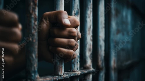 A pair of hands tightly grip rusty metal bars in a dark prison cell, highlighting the feelings of confinement and despair in a challenging environment