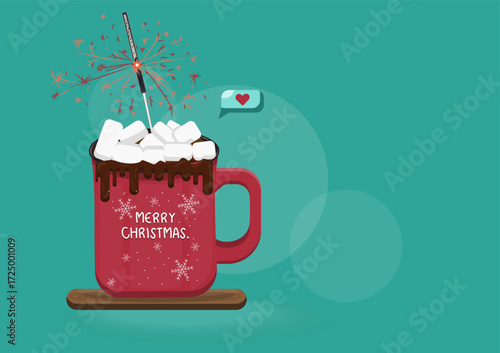 Red cup of cocoa with chocolate and marshmallows and fire is illustrated in festive Celebration flat vector design, symbolizing Christmas dessert drink enjoyed during the holiday season.