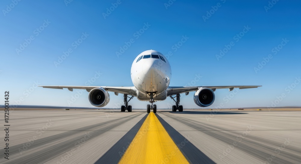 Fototapeta premium Commercial Airliner Taxiing Down Runway Under Clear Blue Sky