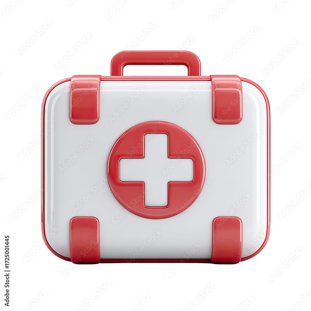 Fototapeta premium A 3D-rendered red and white first-aid kit, featuring a prominent red cross on its white surface. The case is compact with rounded edges