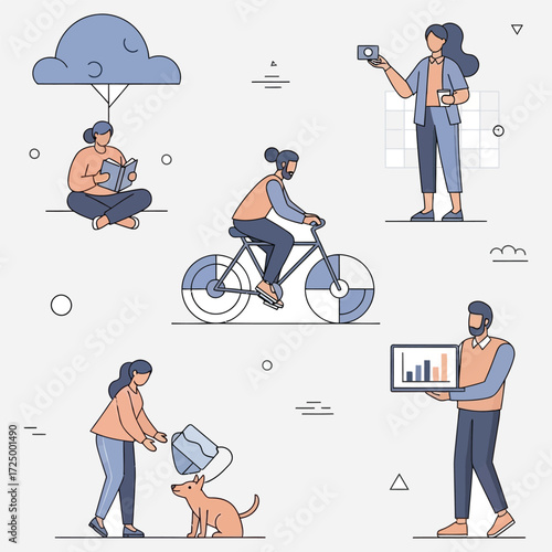 A diverse set of flat line art illustrations showing people engaged in modern daily lifestyle activities and hobbies