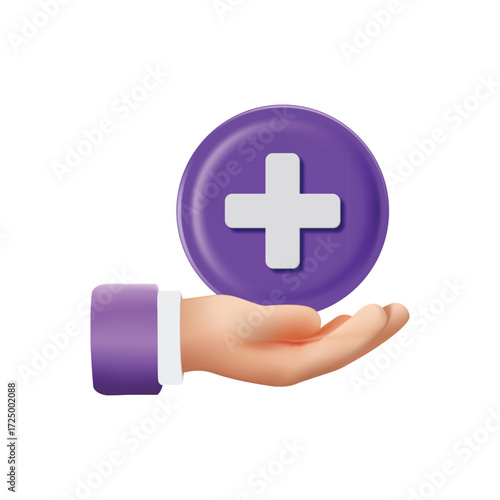 Illustration of a Hand Holding a Medical Plus Symbol in a Purple Circle Healthcare Medicine Add Help Health First Aid