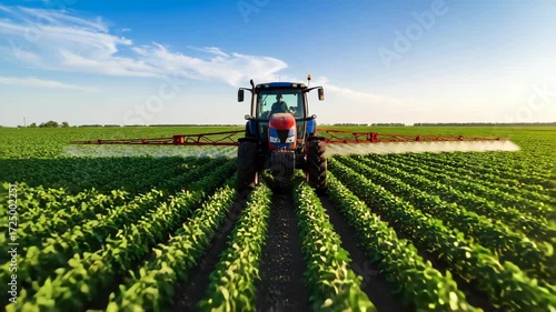 Spraying crops in farm fields with tractor. Applying pesticides, herbicides, insecticide for plant protection during spring time, against blue sky.