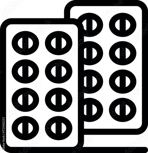 Simple line drawing of two blister packs containing round split pills, symbolizing medicine, healthcare, and pharmaceutical products