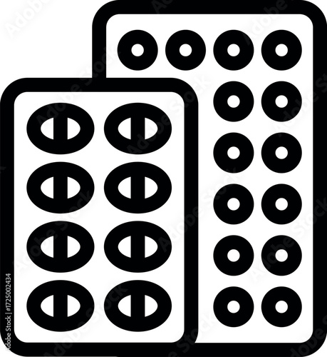 Line drawing of two blister packs containing different types of pills, symbolizing medication and healthcare