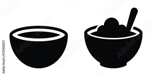 Black bowl icon set. Set of kitchen utensil, food icon vector design template. Bowl icon, bowl and spoon in black and white