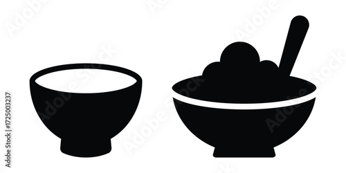 Black bowl icon set. Set of kitchen utensil, food icon vector design template. Bowl icon, bowl and spoon in black and white