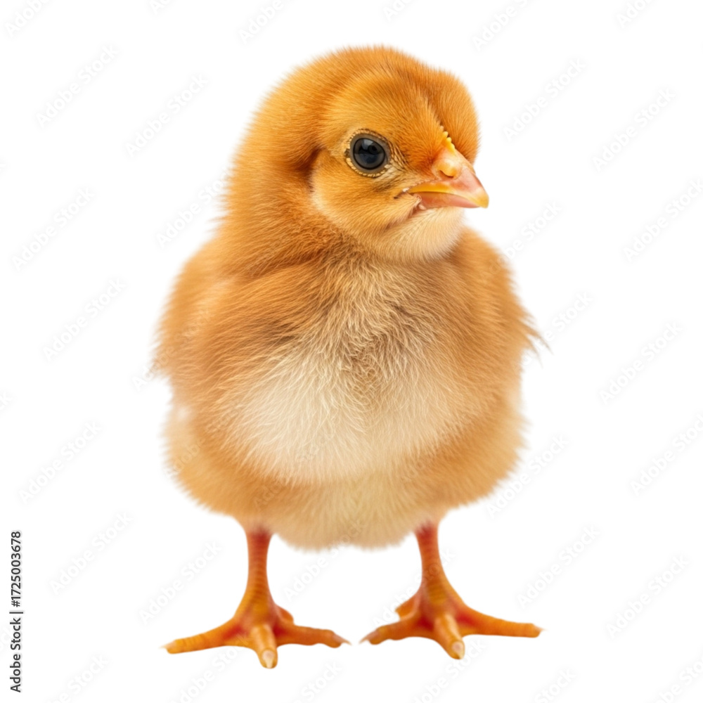 Fototapeta premium Adorable fluffy yellow chick standing against a white background