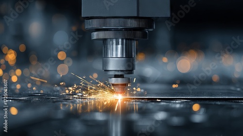 Laser cutting machine on metal sheet with sparkling bokeh background industrial manufacturing technology precision sparks close up workshop machining process high accuracy copy space